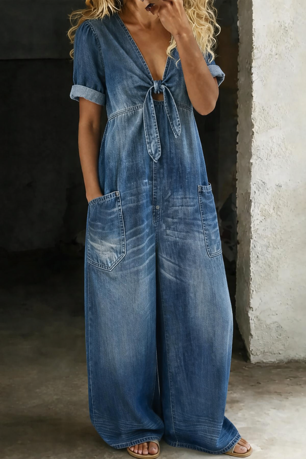 Leila | Fluid Denim Jumpsuit V-Neck Wide Leg