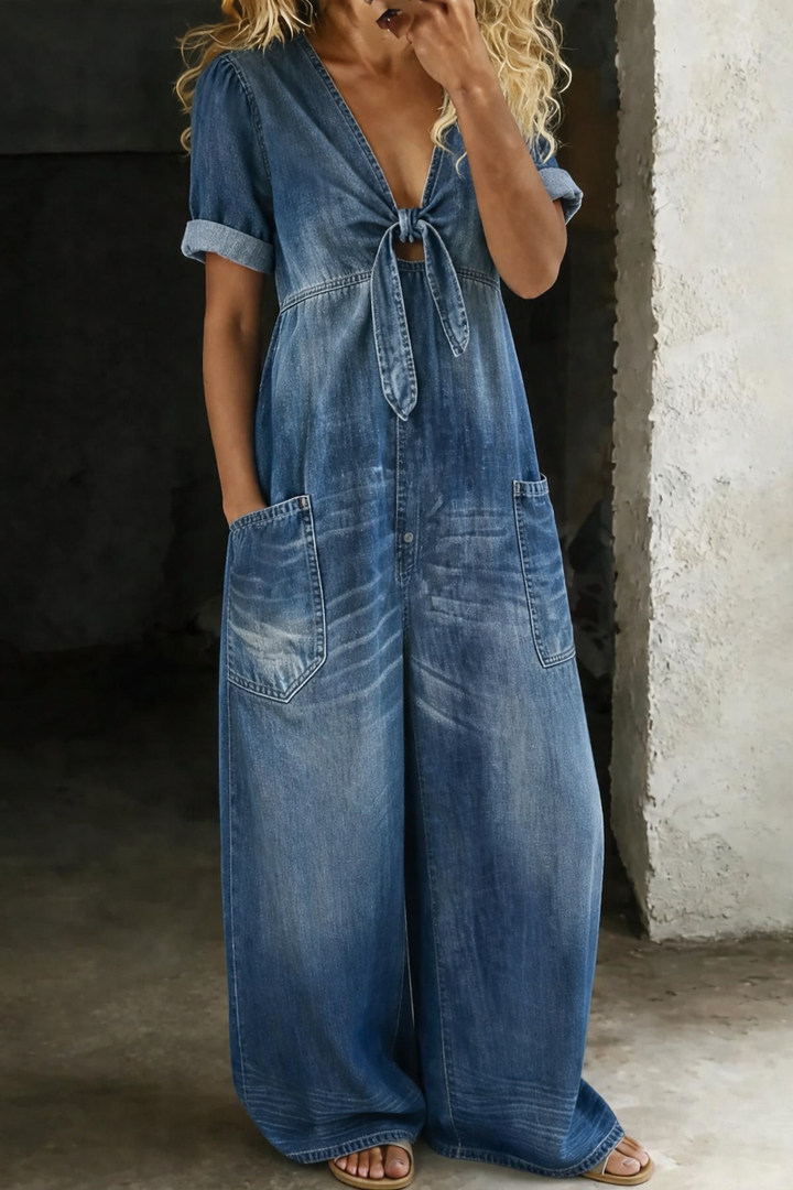 Leila | Fluid Denim Jumpsuit V-Neck Wide Leg