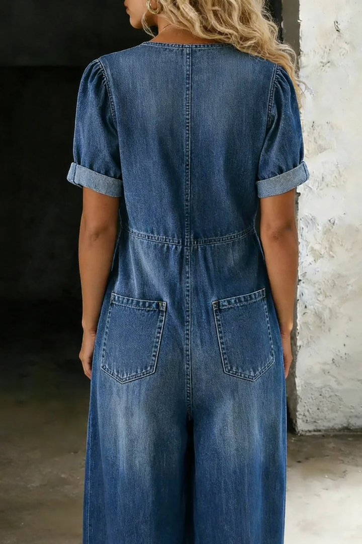 Leila | Fluid Denim Jumpsuit V-Neck Wide Leg