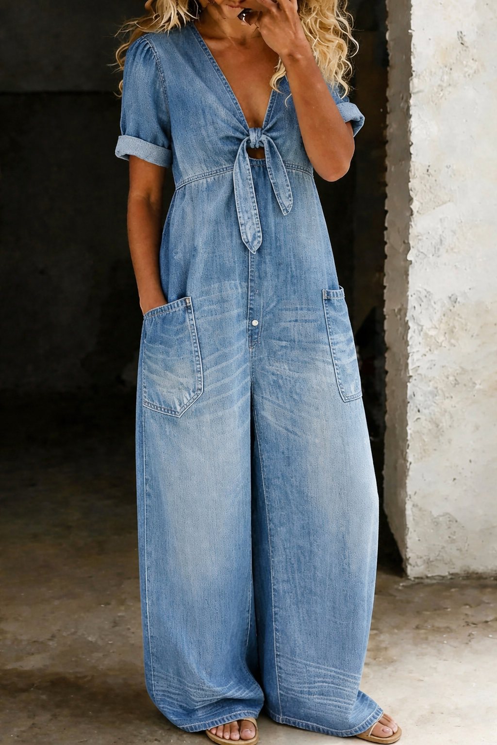 Leila | Fluid Denim Jumpsuit V-Neck Wide Leg