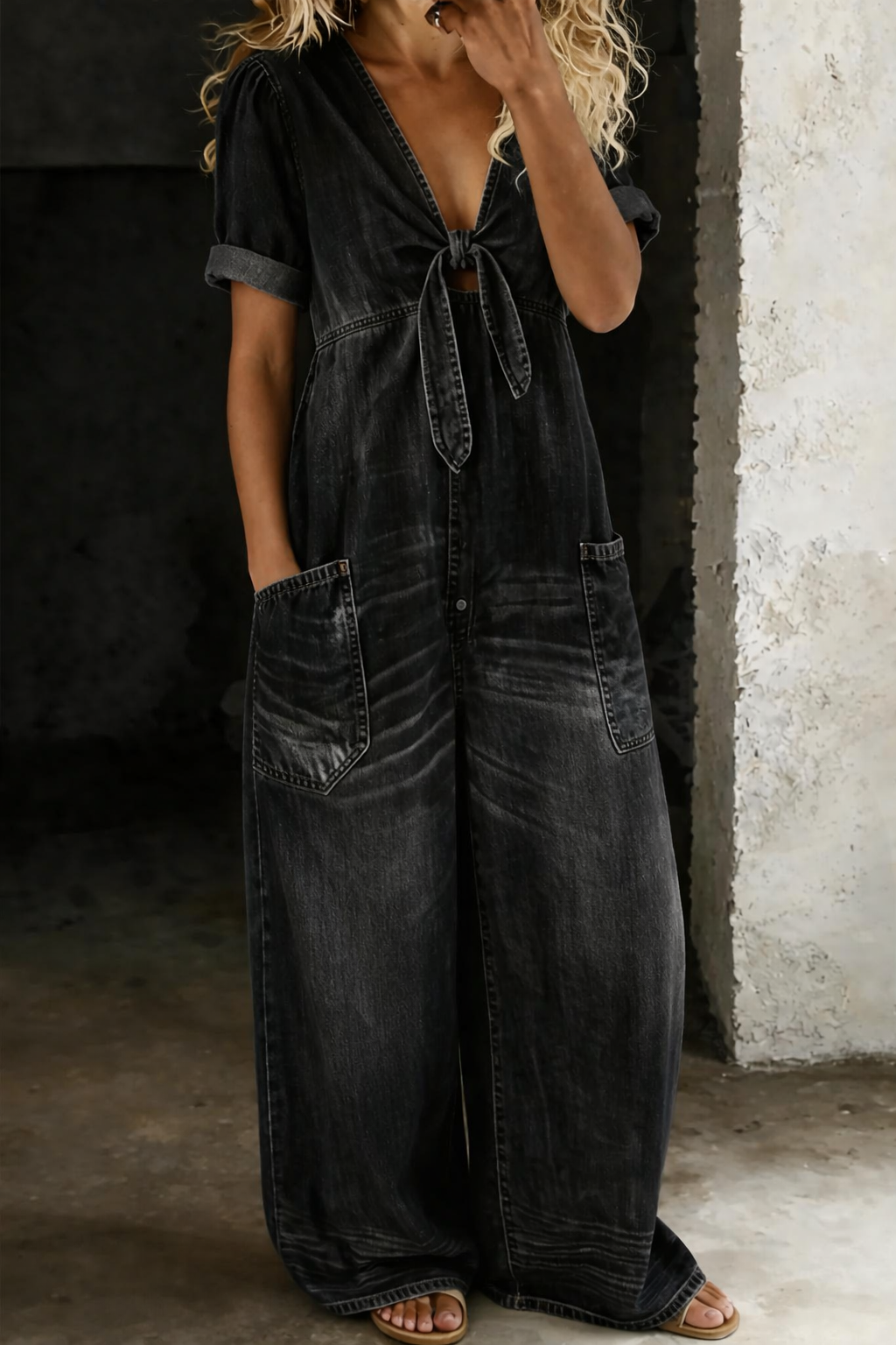 Leila | Fluid Denim Jumpsuit V-Neck Wide Leg