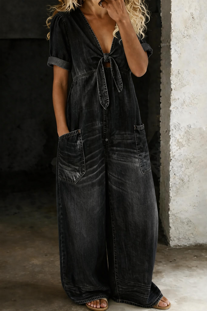 Leila | Fluid Denim Jumpsuit V-Neck Wide Leg