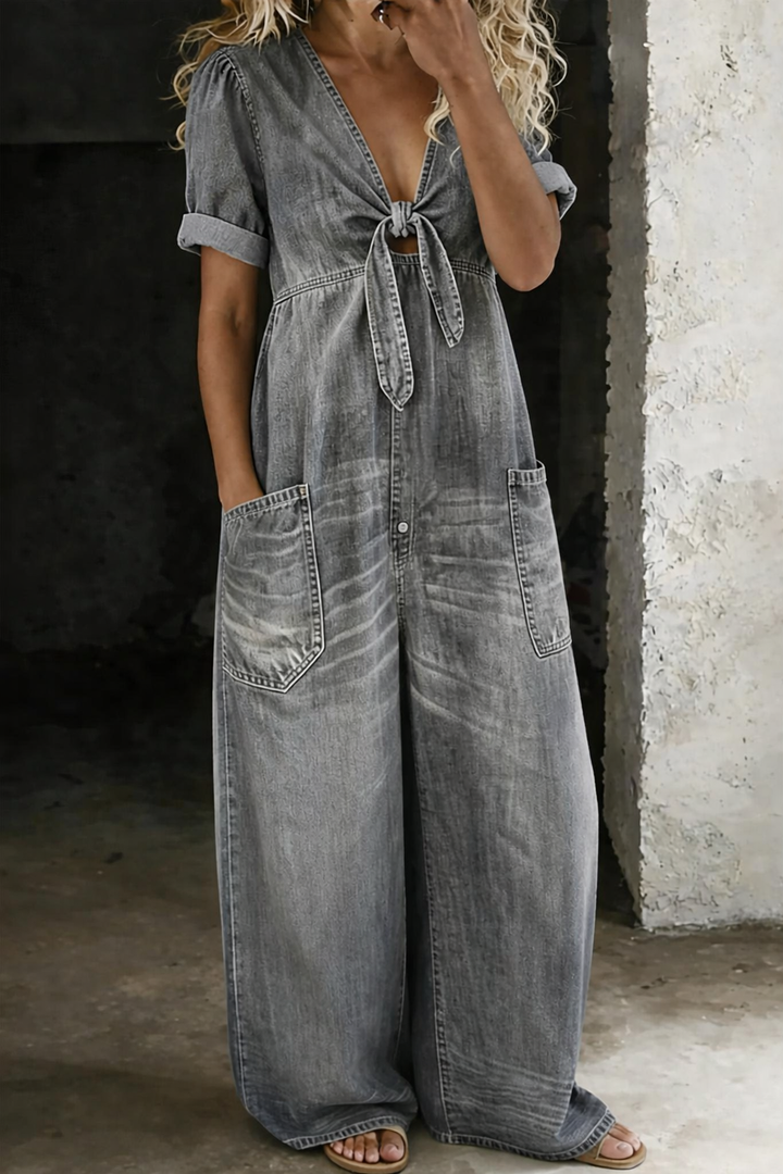 Leila | Fluid Denim Jumpsuit V-Neck Wide Leg