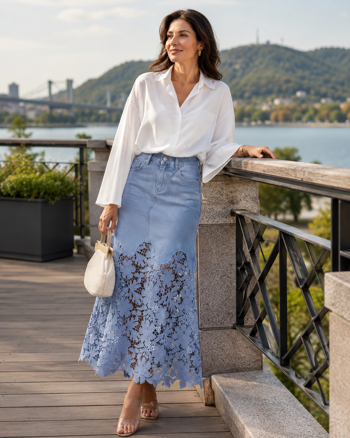 Hilda | Long Denim Skirt with Floral Lace Trim