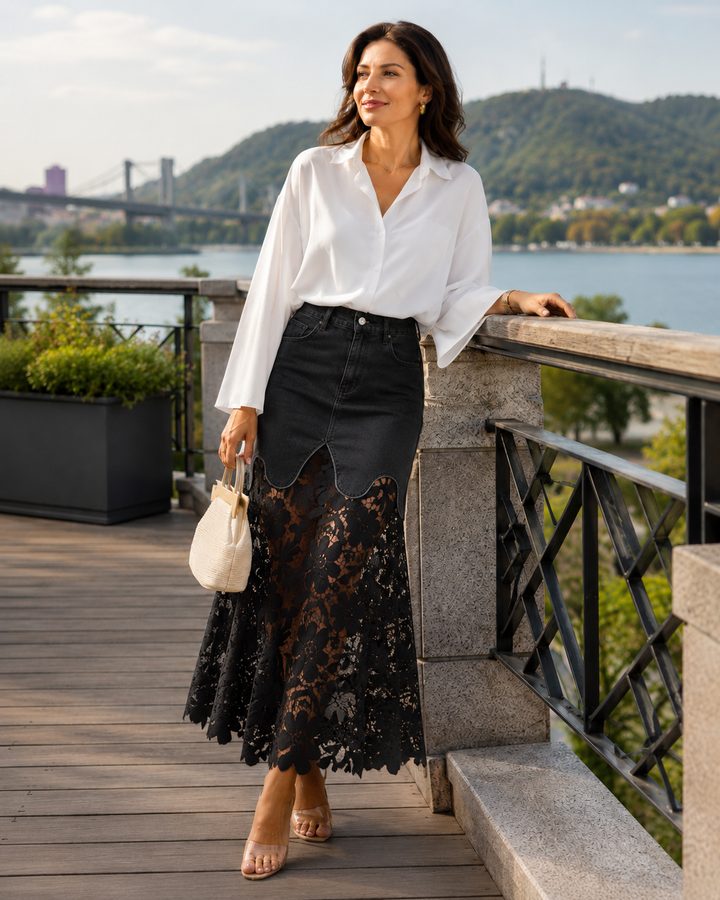 Hilda | Long Denim Skirt with Floral Lace Trim