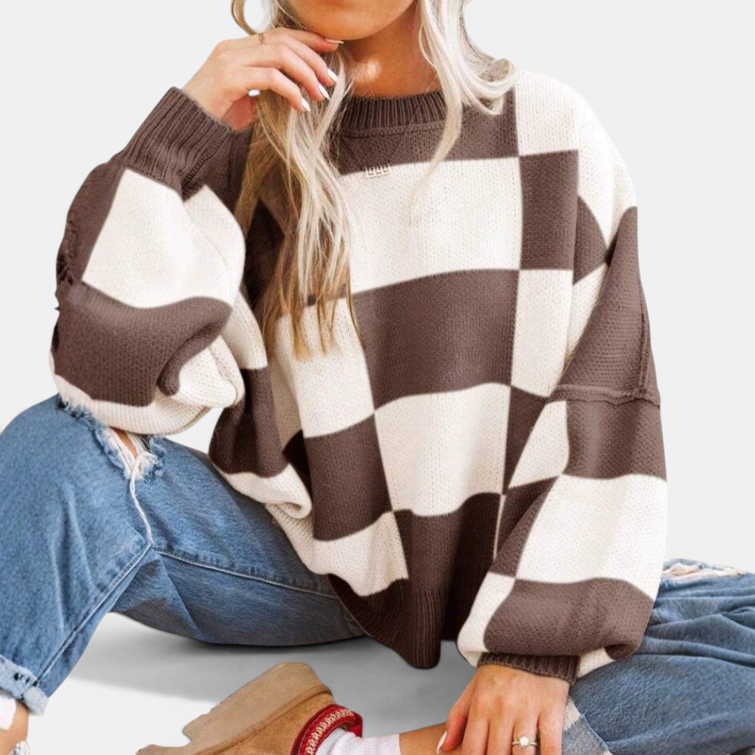 DOVIMA™ | Cozy Plaid Drop-Shoulder Knitted Sweater