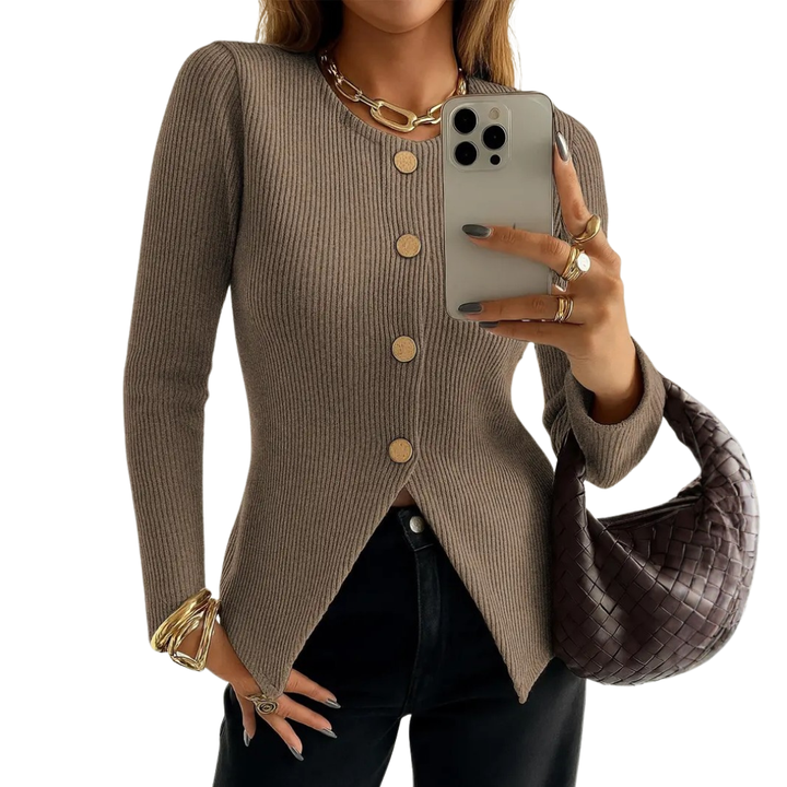 NADIRA™ | Twisted Ribbed Button-Front Knit Top