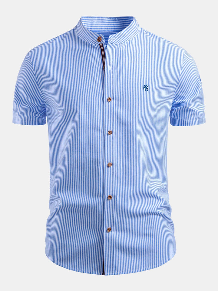 Mario | Short Sleeve Cotton Stripe Stand Collar Shirt & Straight Leg Linen Pants