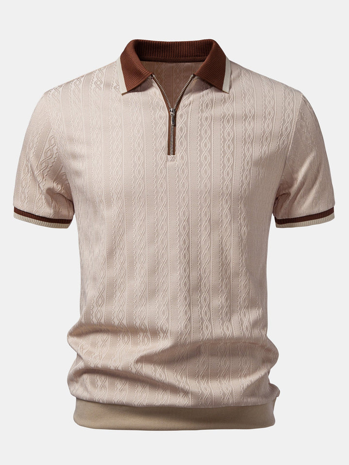 Brian | Contrast Trim Textured Zipper Knit Polo & Elastic Waist Straight Leg Trousers