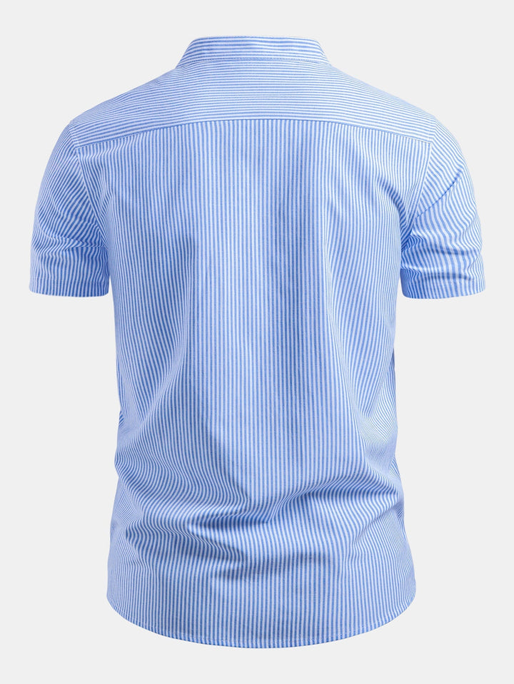 Mario | Short Sleeve Cotton Stripe Stand Collar Shirt & Straight Leg Linen Pants