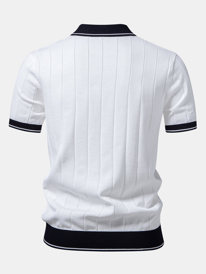 Bobby | Contrast Trim Ribbed Johnny Collar Knit Polo & Elastic Waist Straight Leg Trousers
