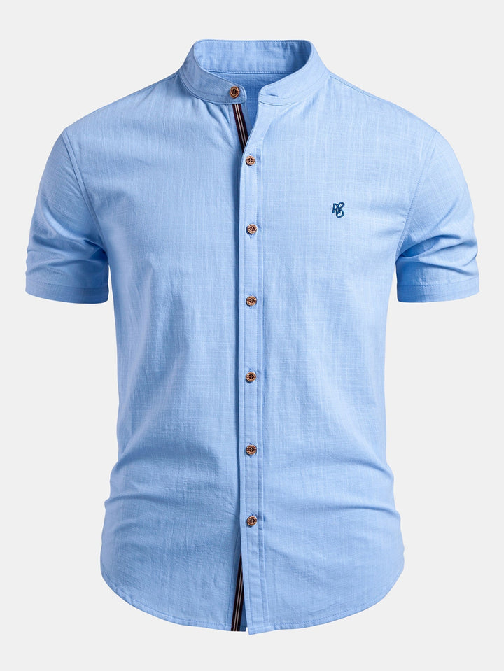 Peter | Short Sleeve Linen Look Stand Collar Shirt & Crinkle Textured Straight Leg Pants