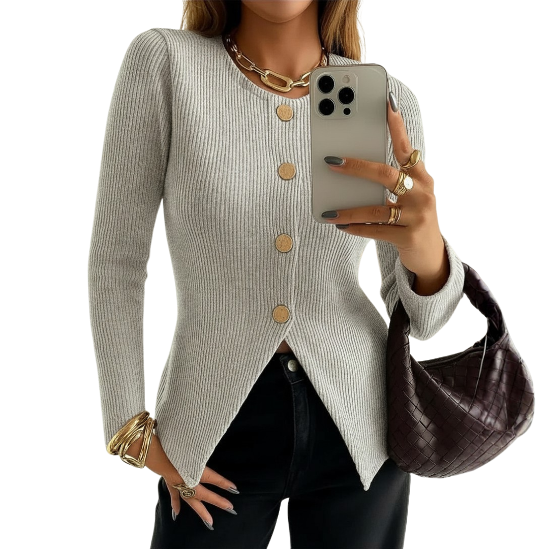 NADIRA™ | Twisted Ribbed Button-Front Knit Top