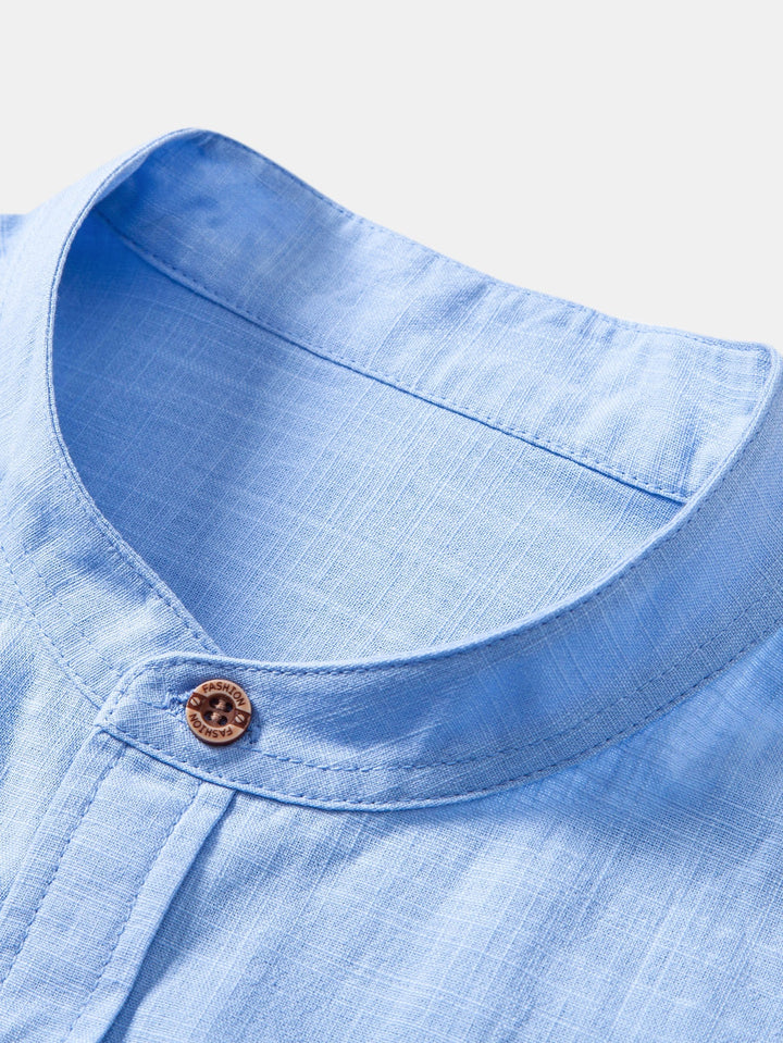 Tom | Short Sleeve Linen Look Stand Collar Shirt & Straight Leg Linen Pants