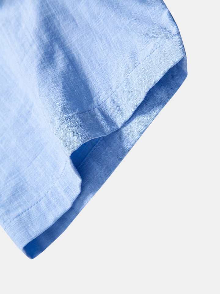 Peter | Short Sleeve Linen Look Stand Collar Shirt & Crinkle Textured Straight Leg Pants