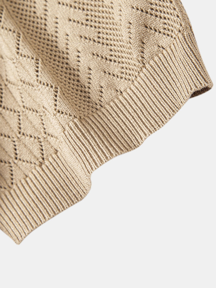 Dexter | Geometric Jacquard Open Knit Polo & Straight Leg Ribbed Pants