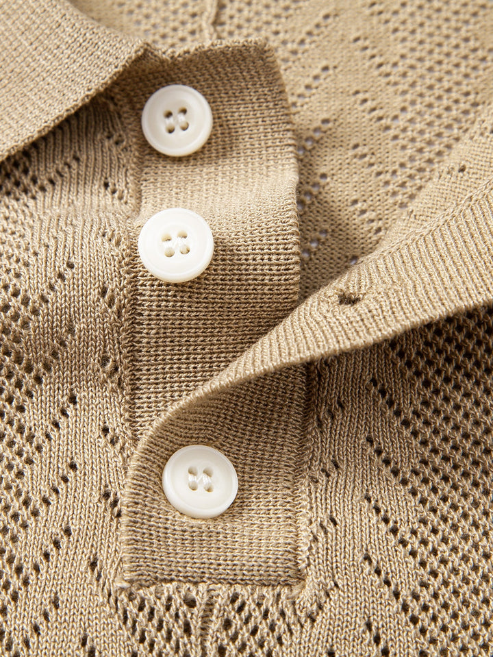 Calix | Geometric Jacquard Open Knit Polo & Crinkle Textured Straight Leg Pants