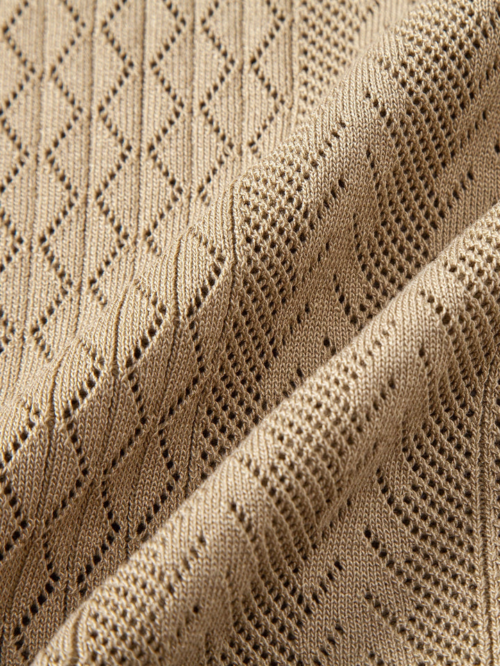 Calix | Geometric Jacquard Open Knit Polo & Crinkle Textured Straight Leg Pants