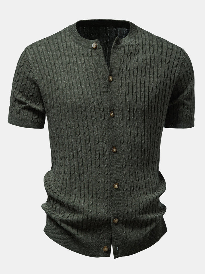 Victor | Twisted Jacquard Crew Neck Button Up Knit Shirt & Slim Fit Tapered Trousers
