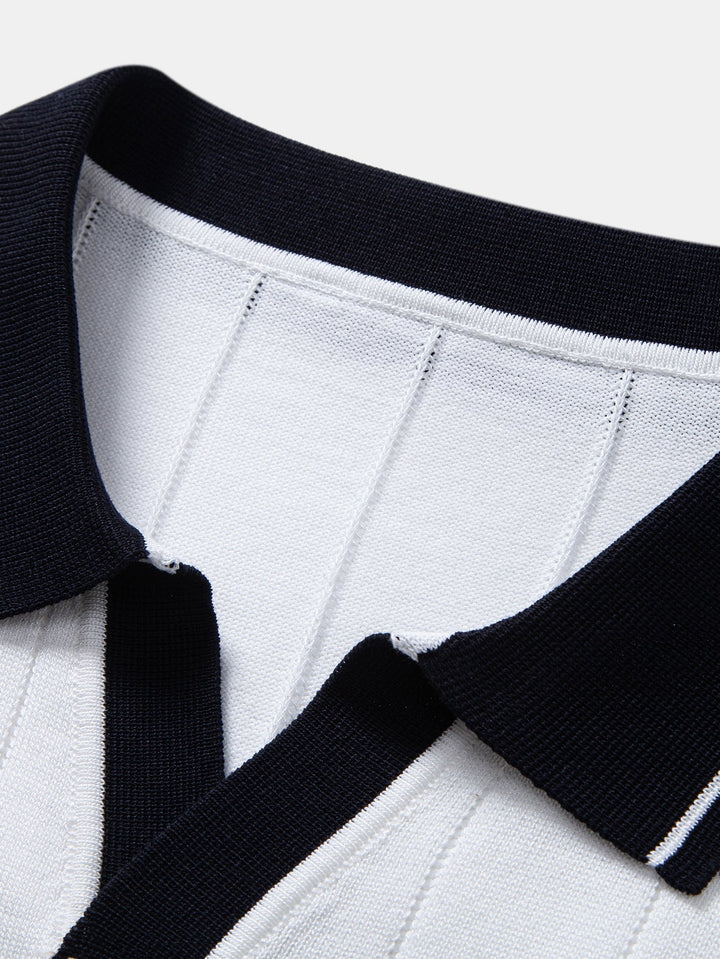 Bobby | Contrast Trim Ribbed Johnny Collar Knit Polo & Elastic Waist Straight Leg Trousers