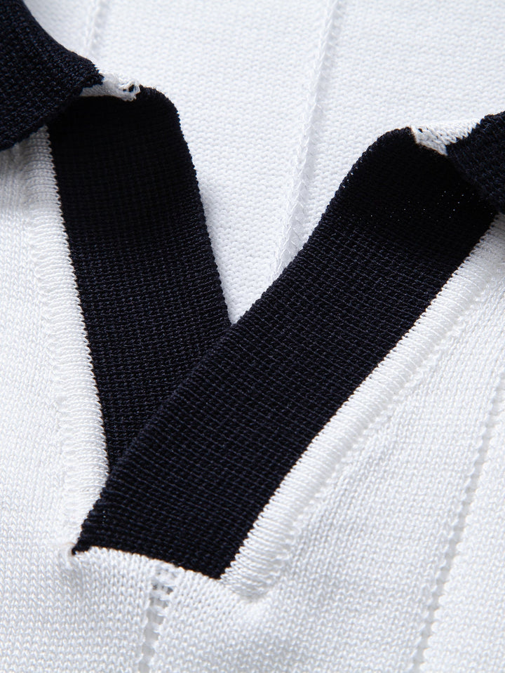 Bobby | Contrast Trim Ribbed Johnny Collar Knit Polo & Elastic Waist Straight Leg Trousers
