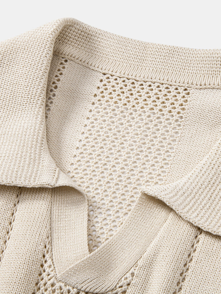 Eddie | Johnny Collar Striped Open Knit Polo & Straight Leg Linen Pants