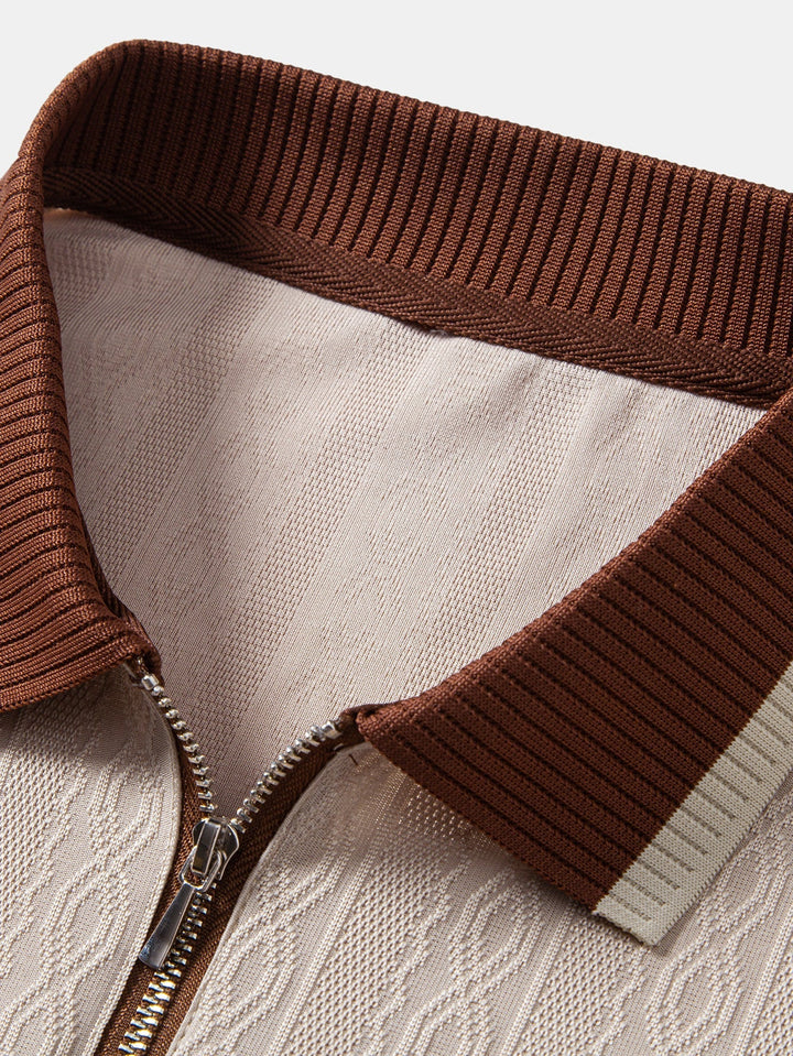Brian | Contrast Trim Textured Zipper Knit Polo & Elastic Waist Straight Leg Trousers