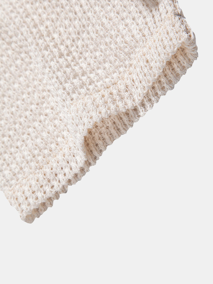 Carlos | Relax Fit Crocheted V Neck Polo & Crinkle Textured Drawstring 5" Shorts