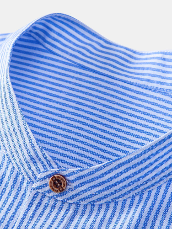 Mario | Short Sleeve Cotton Stripe Stand Collar Shirt & Straight Leg Linen Pants