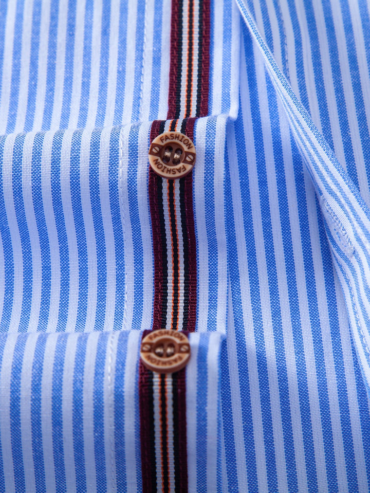 Mario | Short Sleeve Cotton Stripe Stand Collar Shirt & Straight Leg Linen Pants