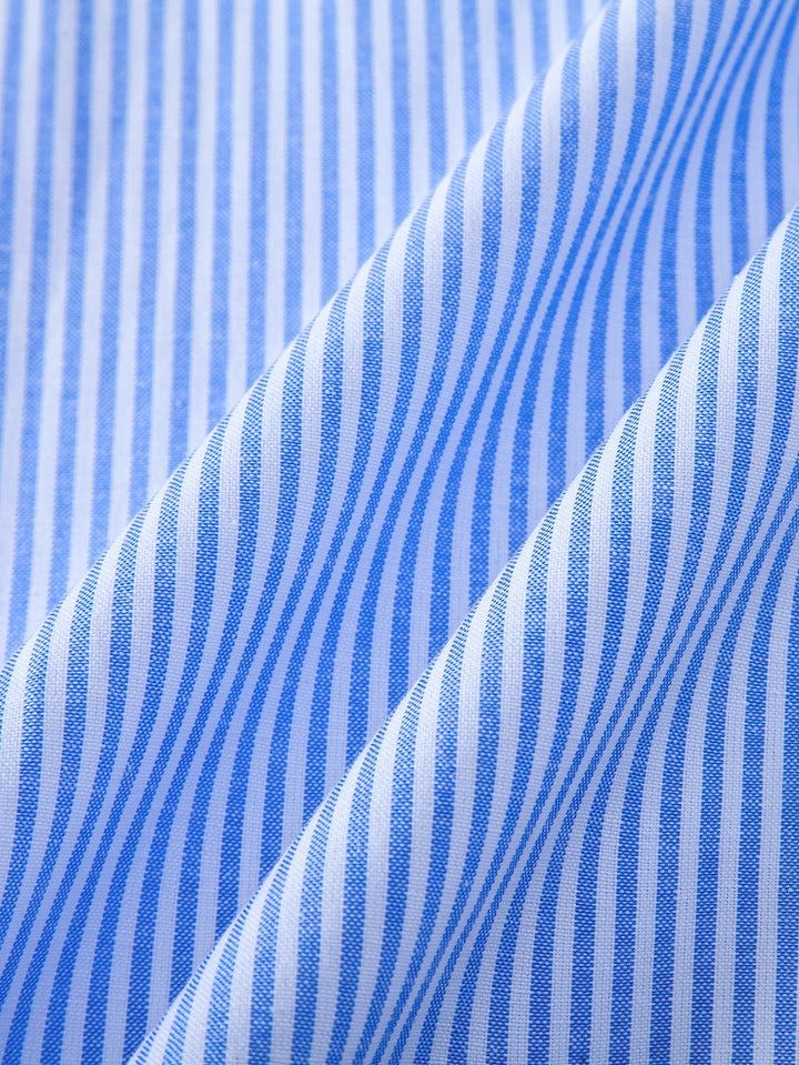 Mario | Short Sleeve Cotton Stripe Stand Collar Shirt & Straight Leg Linen Pants
