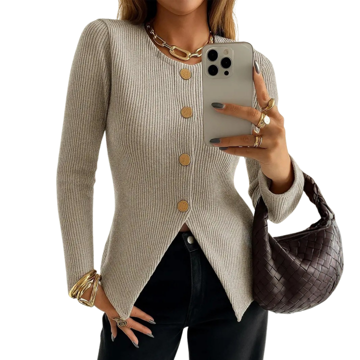 NADIRA™ | Twisted Ribbed Button-Front Knit Top