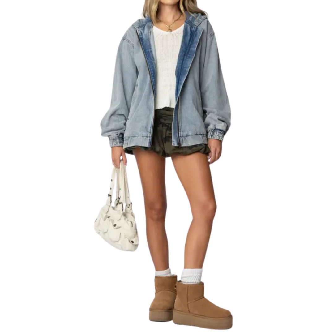 FRANNI™ – Hooded Vintage Washed Denim Bomber Jacket