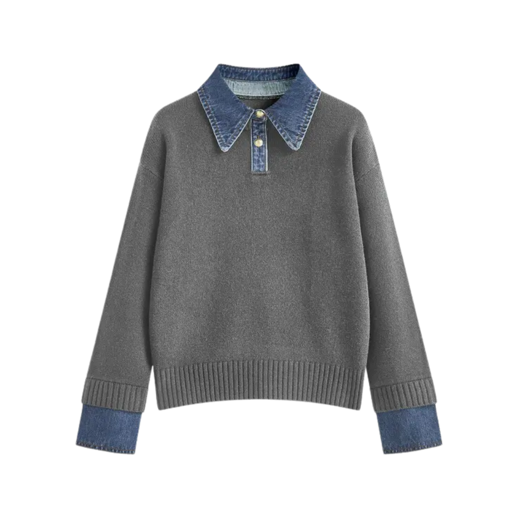 SOLVEI™ | Cozy Polo Denim Sleeve 2 in 1 Panel Lapel Sweater