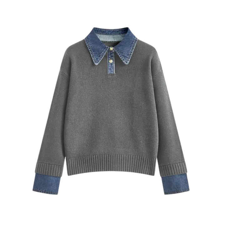 SOLVEI™ | Cozy Polo Denim Sleeve 2 in 1 Panel Lapel Sweater