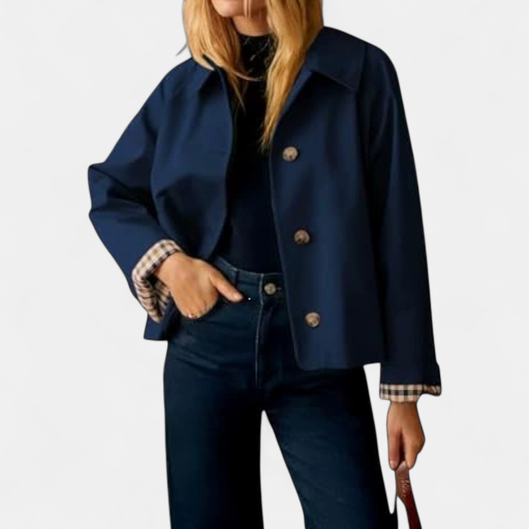 CORETTE™ – Classic Plaid-Lined Cropped Trench Coat