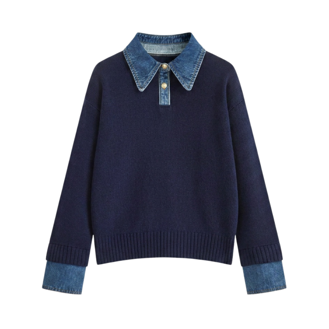 SOLVEI™ | Cozy Polo Denim Sleeve 2 in 1 Panel Lapel Sweater