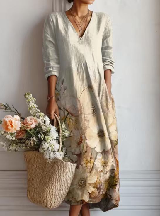 Greta | Floral Linen Midi Dress