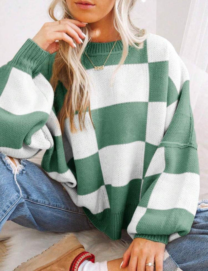 REVERIE™ | Casual Plaid Long Sleeve Round Neck Sweater