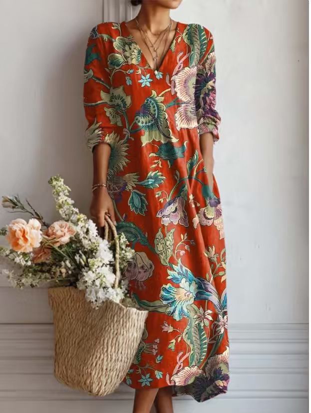 Greta | Floral Linen Midi Dress