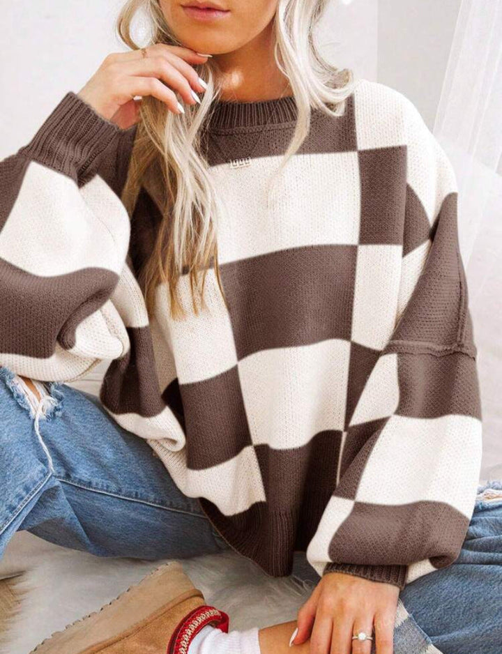 REVERIE™ | Casual Plaid Long Sleeve Round Neck Sweater