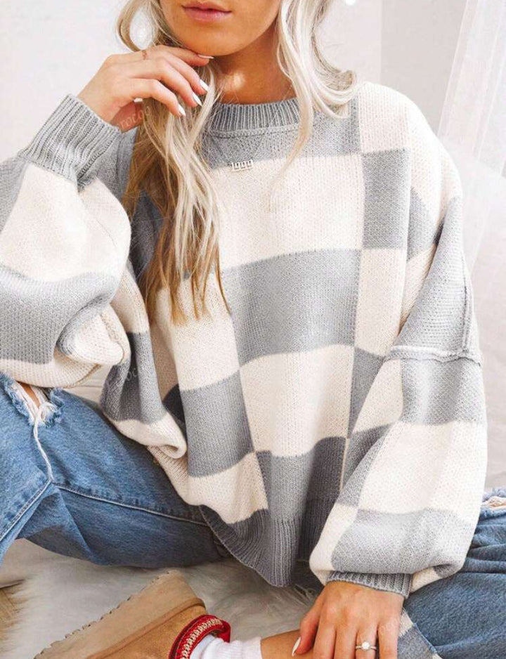 REVERIE™ | Casual Plaid Long Sleeve Round Neck Sweater