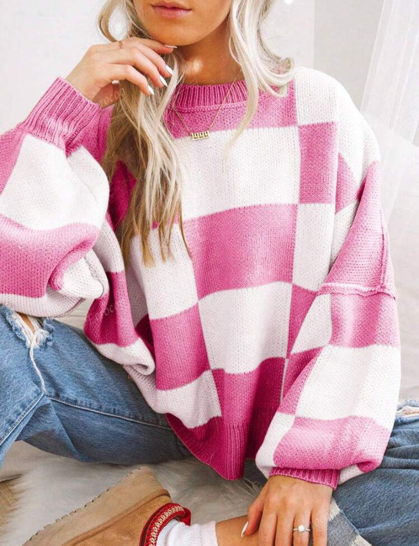 REVERIE™ | Casual Plaid Long Sleeve Round Neck Sweater