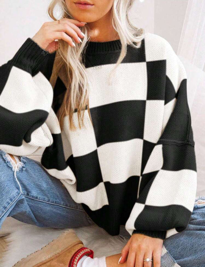 REVERIE™ | Casual Plaid Long Sleeve Round Neck Sweater