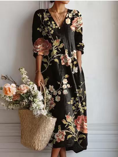 Greta | Floral Linen Midi Dress