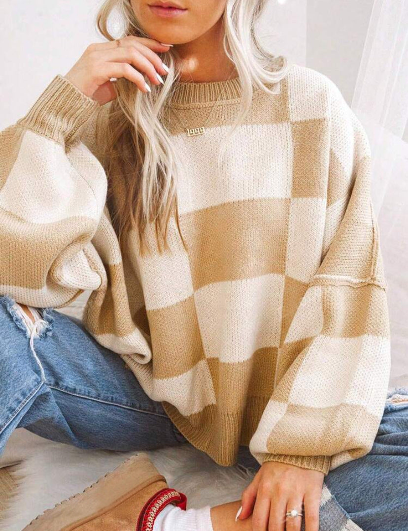 REVERIE™ | Casual Plaid Long Sleeve Round Neck Sweater