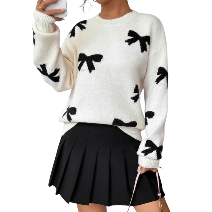 BRIGITTE™ | Cozy Bow Print Knit Sweater
