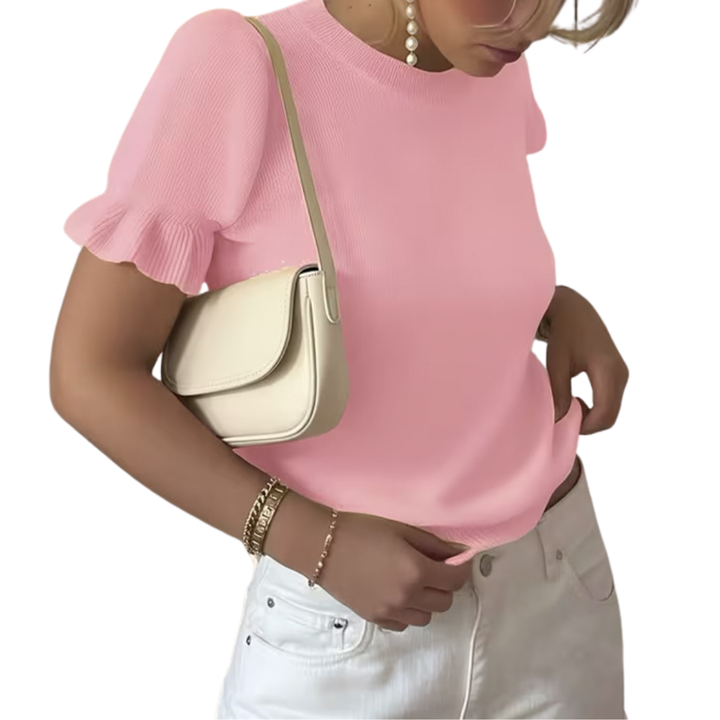 BRISELLE™ | Relaxed Knit Pleated Short Sleeve Top