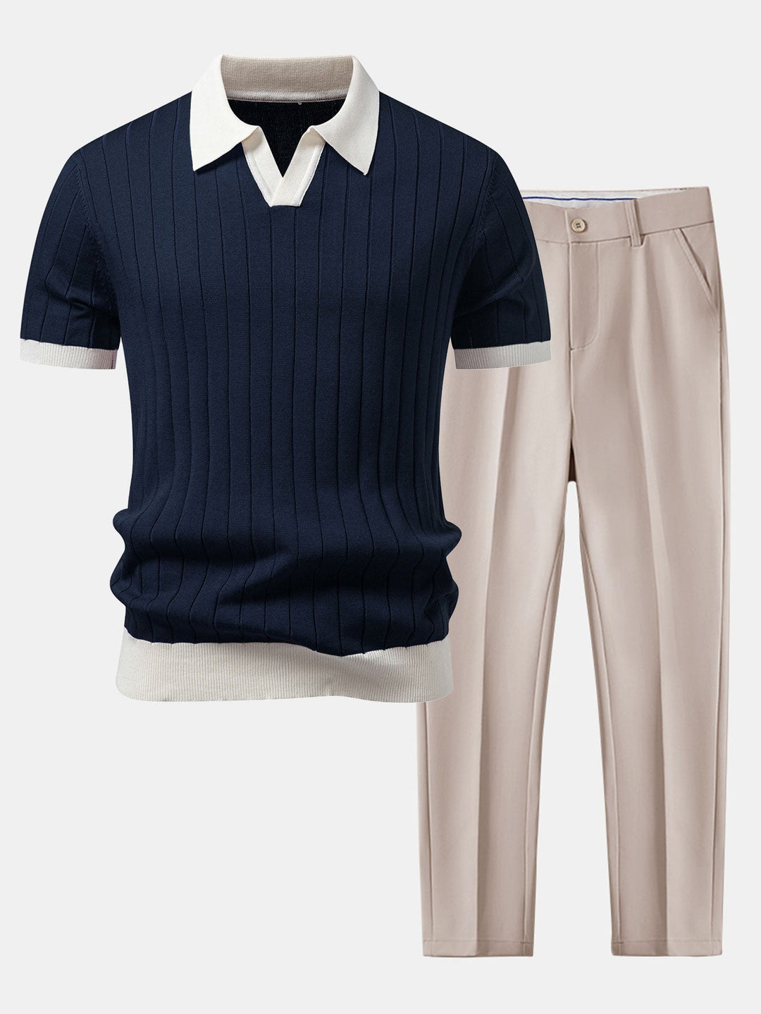 Ron | Contrast Trim Stripe Johnny Collar Polo & Slim Fit Tapered Trousers