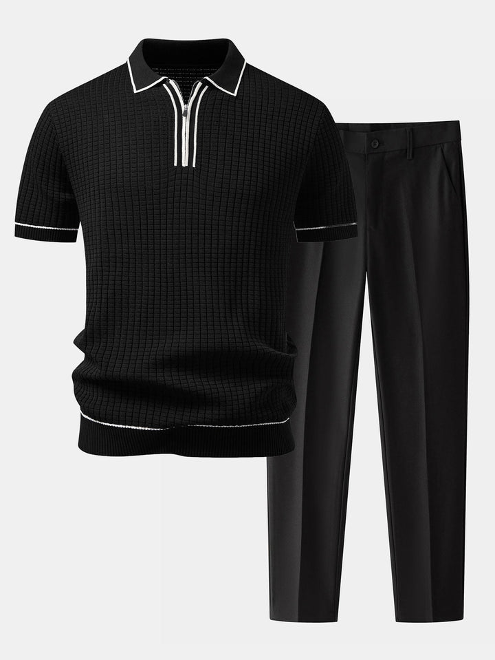 Justin | Contrast Trim Waffle Zipper Knit Polo & Slim Fit Tapered Trousers